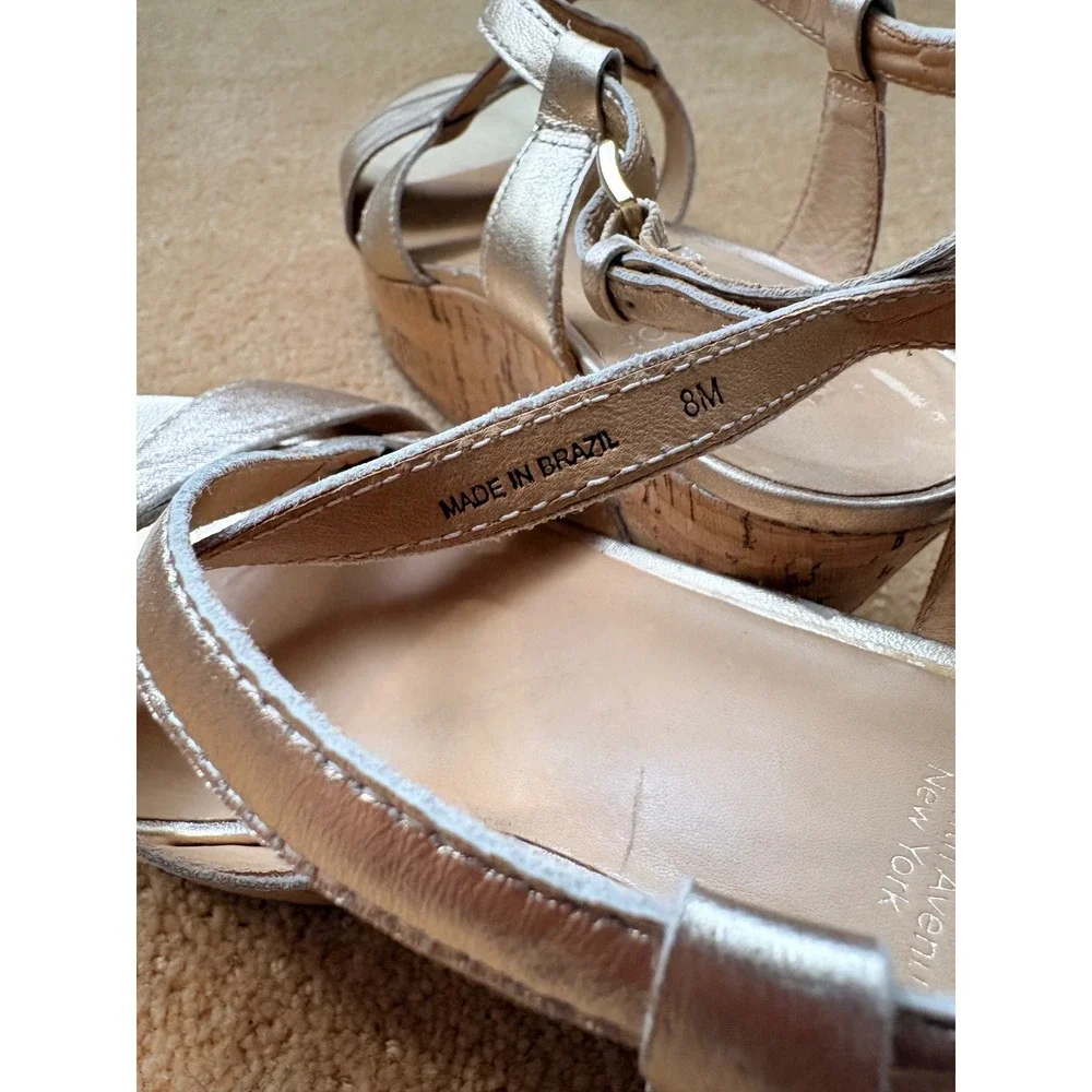 Saks Fifth Avenue Metallic‎ Gold Cork Wedge Platform Sandals BOHO Chic 8M Brazil